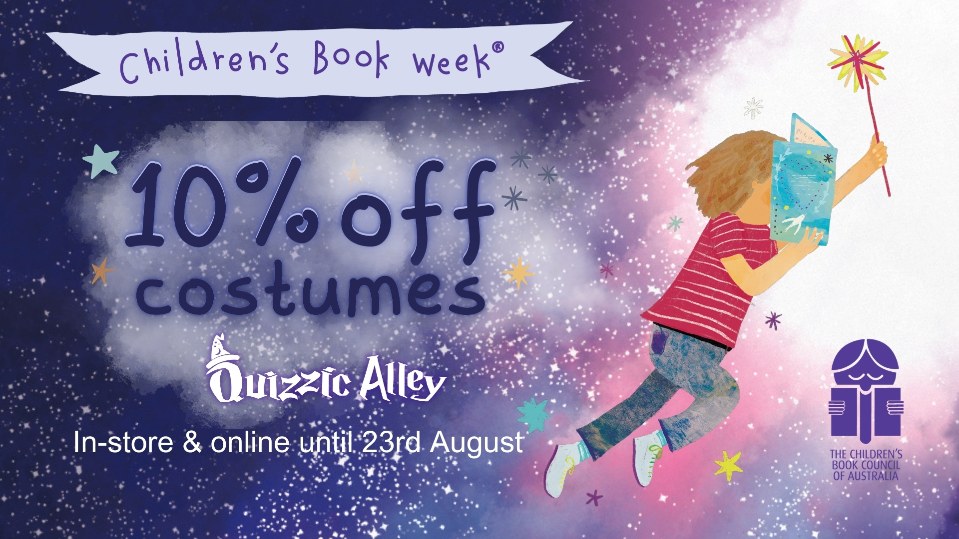 Graphic promoting Book Week and a sale on costumes at Quizzic Alley.